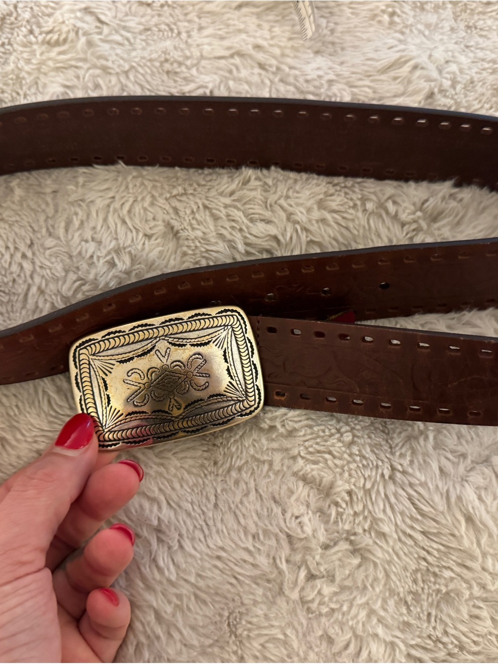Brown Leather Belt with Engraved Gold Aztec BOHO Buckle